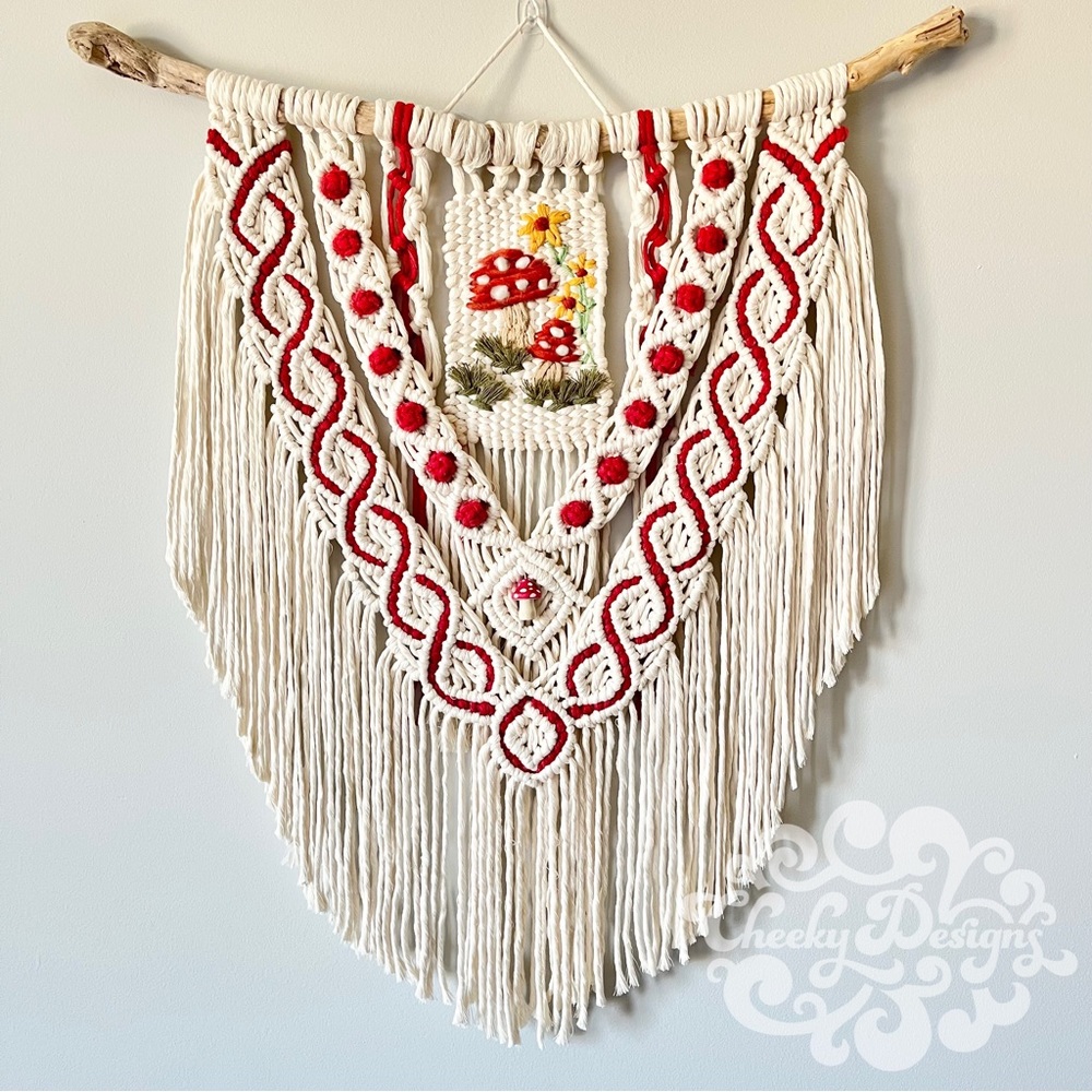 Mushroom embroidered macrame wall hanging